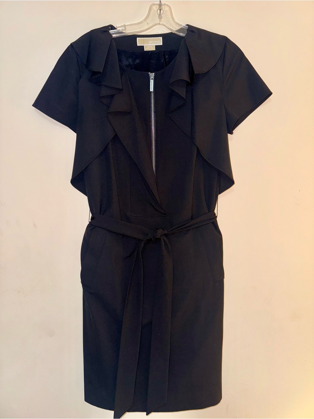 NWOT - Michael Kors Black Ruffle-Front Zip knee length Dress with Belt M